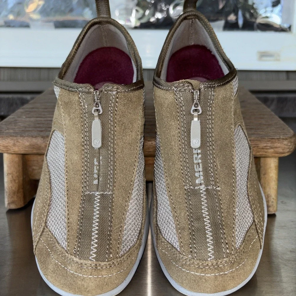 Merrell Womens Sz 6.5 Coriander Tan Leather Front Zip Shoes JO98393 EUC